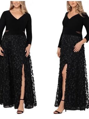 XSCAPE Black Floral 3D Applique Evening Gown Formal Long Sleeve Maxi Dress 22W